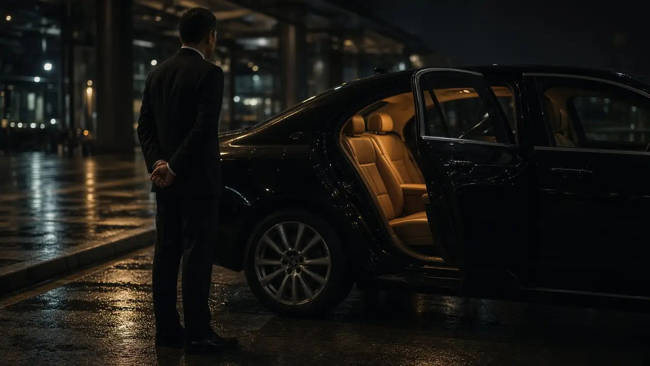 Chauffeur waiting with a luxury sedan at night
