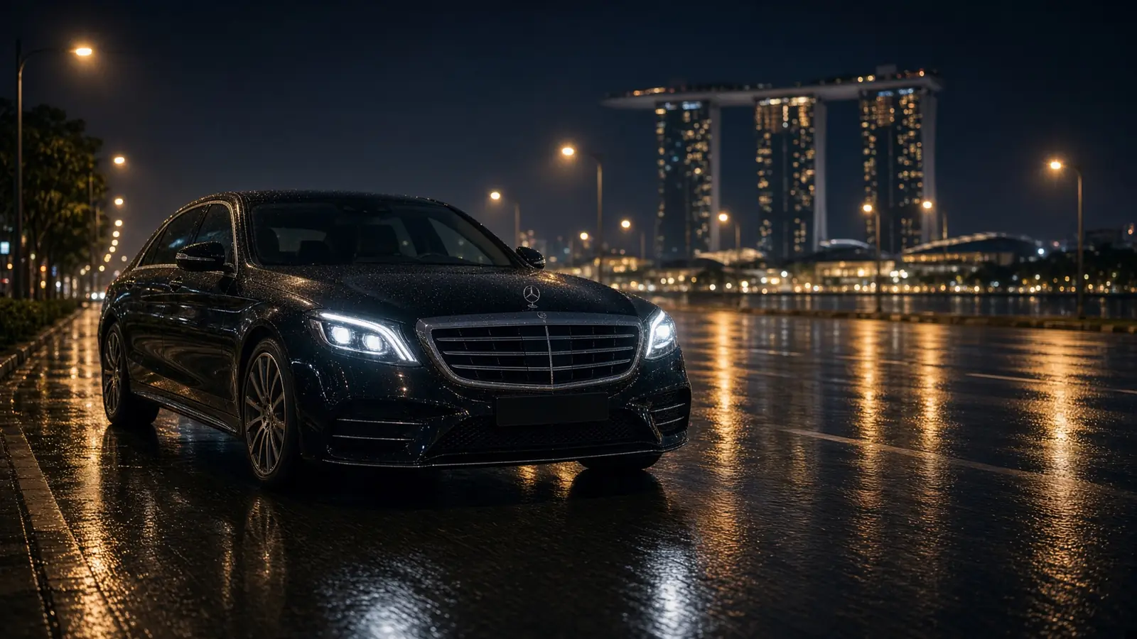 Black chauffeur sedan on a wet Singapore boulevard at night
